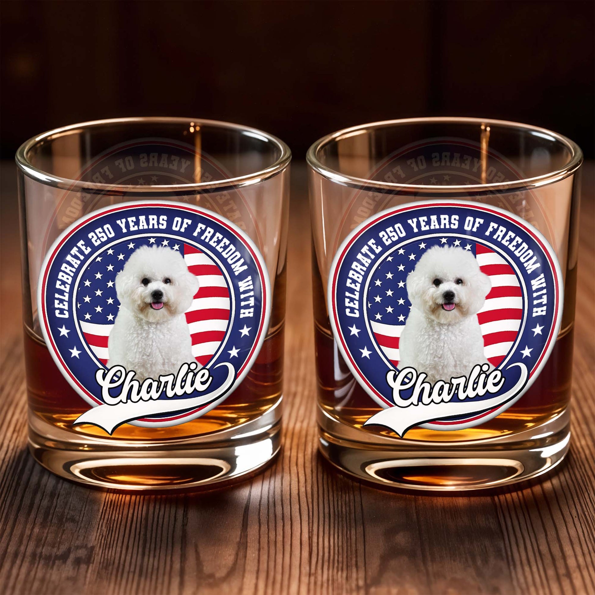 Celebrate Freedom, Customized Whiskey Glass With Dog And Flag - Personalized Custom Whiskey Glass - INDE040_RWG