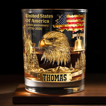 United States Of America Anniversary Patriot Bald Eagle And Flag - Personalized Custom Whiskey Glass - INDE047_RWG