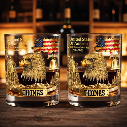 United States Of America Anniversary Patriot Bald Eagle And Flag - Personalized Custom Whiskey Glass - INDE047_RWG