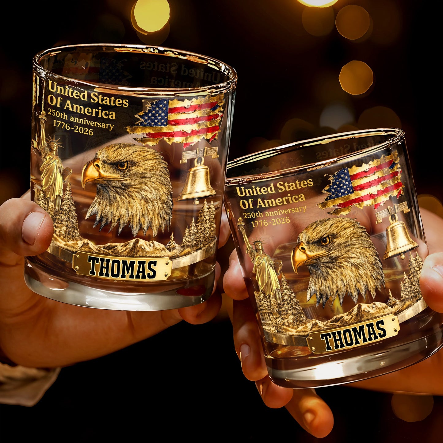 United States Of America Anniversary Patriot Bald Eagle And Flag - Personalized Custom Whiskey Glass - INDE047_RWG
