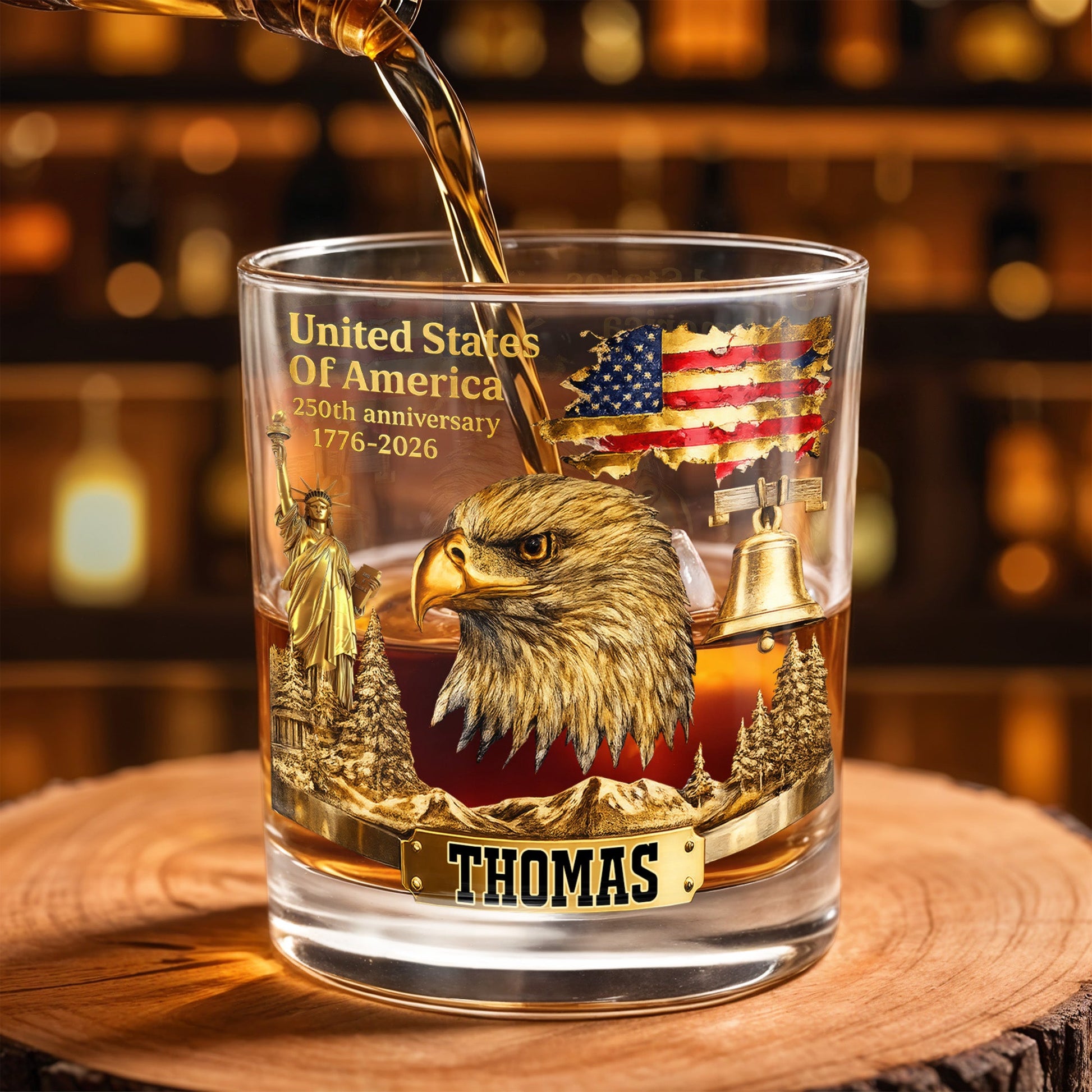 United States Of America Anniversary Patriot Bald Eagle And Flag - Personalized Custom Whiskey Glass - INDE047_RWG