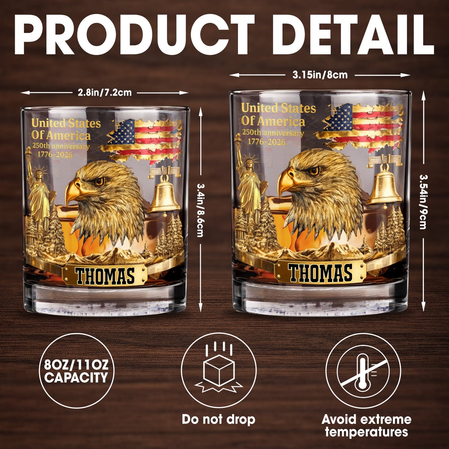 United States Of America Anniversary Patriot Bald Eagle And Flag - Personalized Custom Whiskey Glass - INDE047_RWG
