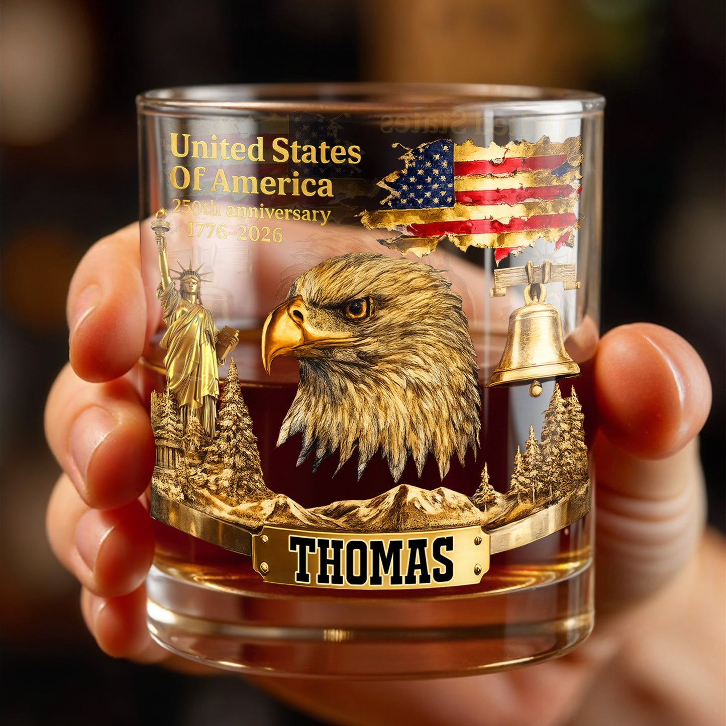 United States Of America Anniversary Patriot Bald Eagle And Flag - Personalized Custom Whiskey Glass - INDE047_RWG