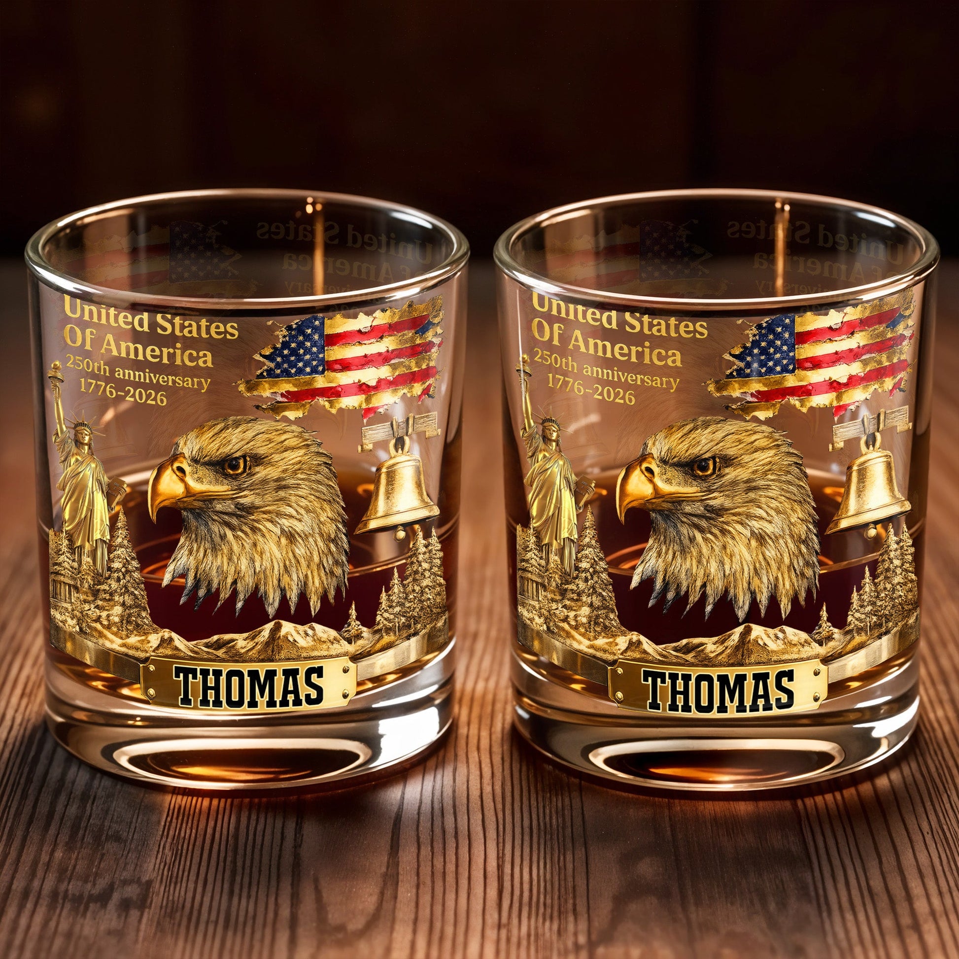 United States Of America Anniversary Patriot Bald Eagle And Flag - Personalized Custom Whiskey Glass - INDE047_RWG