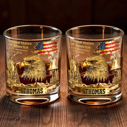 United States Of America Anniversary Patriot Bald Eagle And Flag - Personalized Custom Whiskey Glass - INDE047_RWG