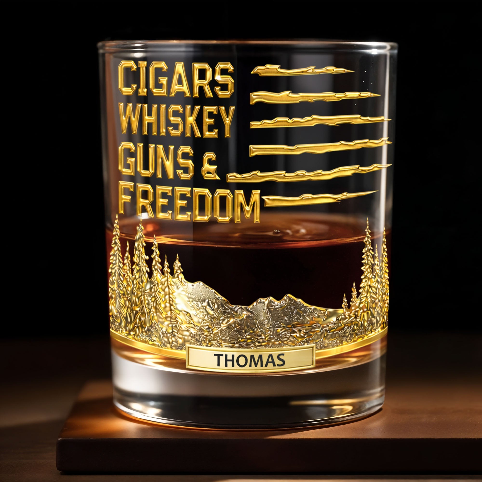 Cigars Whiskey Guns & Freedom Mountains And Pine Trees - Personalized Custom Whiskey Glass - INDE055_RWG
