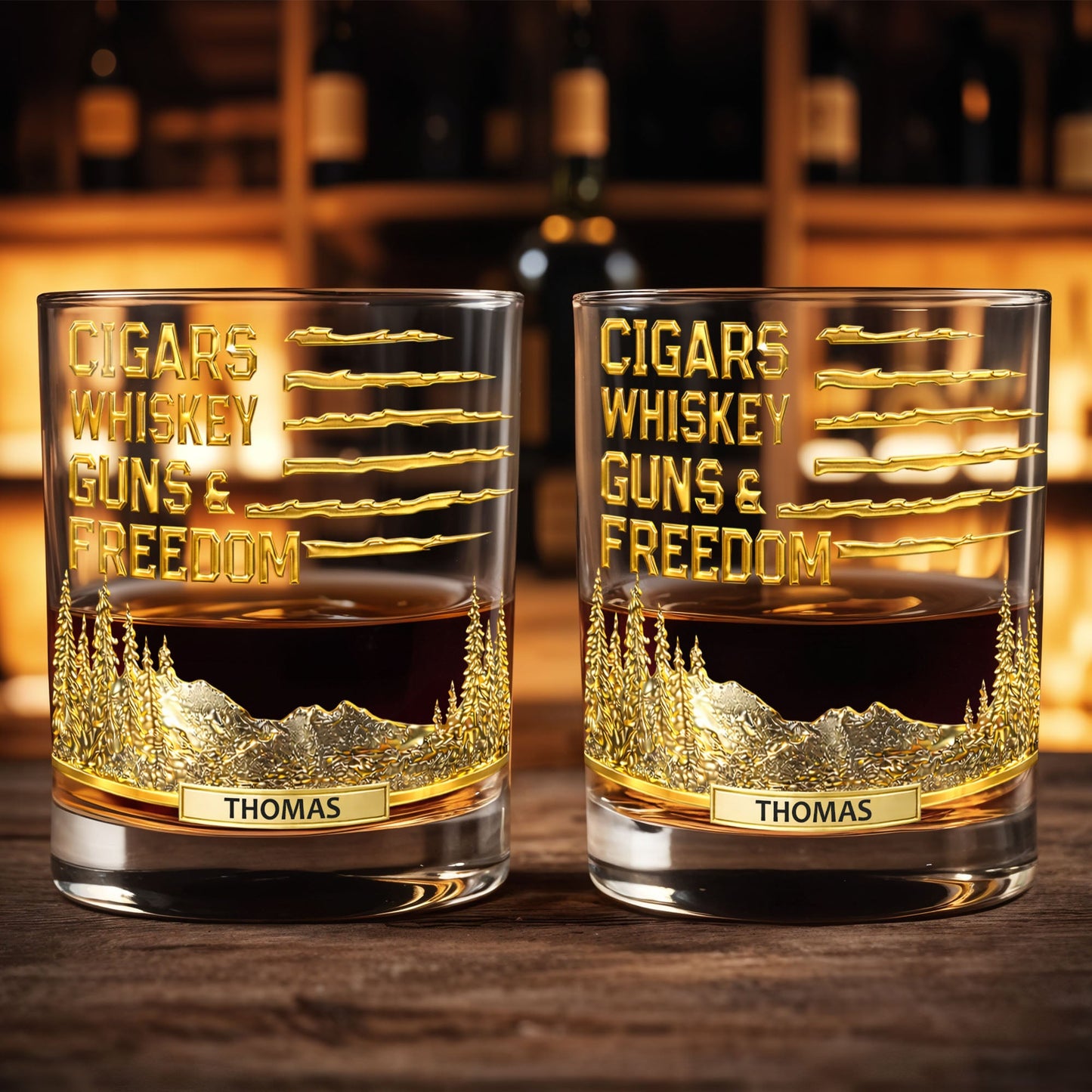Cigars Whiskey Guns & Freedom Mountains And Pine Trees - Personalized Custom Whiskey Glass - INDE055_RWG