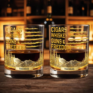 Cigars Whiskey Guns & Freedom Mountains And Pine Trees - Personalized Custom Whiskey Glass - INDE055_RWG