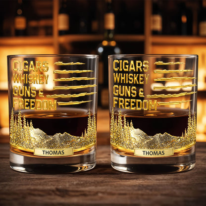 Cigars Whiskey Guns & Freedom Mountains And Pine Trees - Personalized Custom Whiskey Glass - INDE055_RWG
