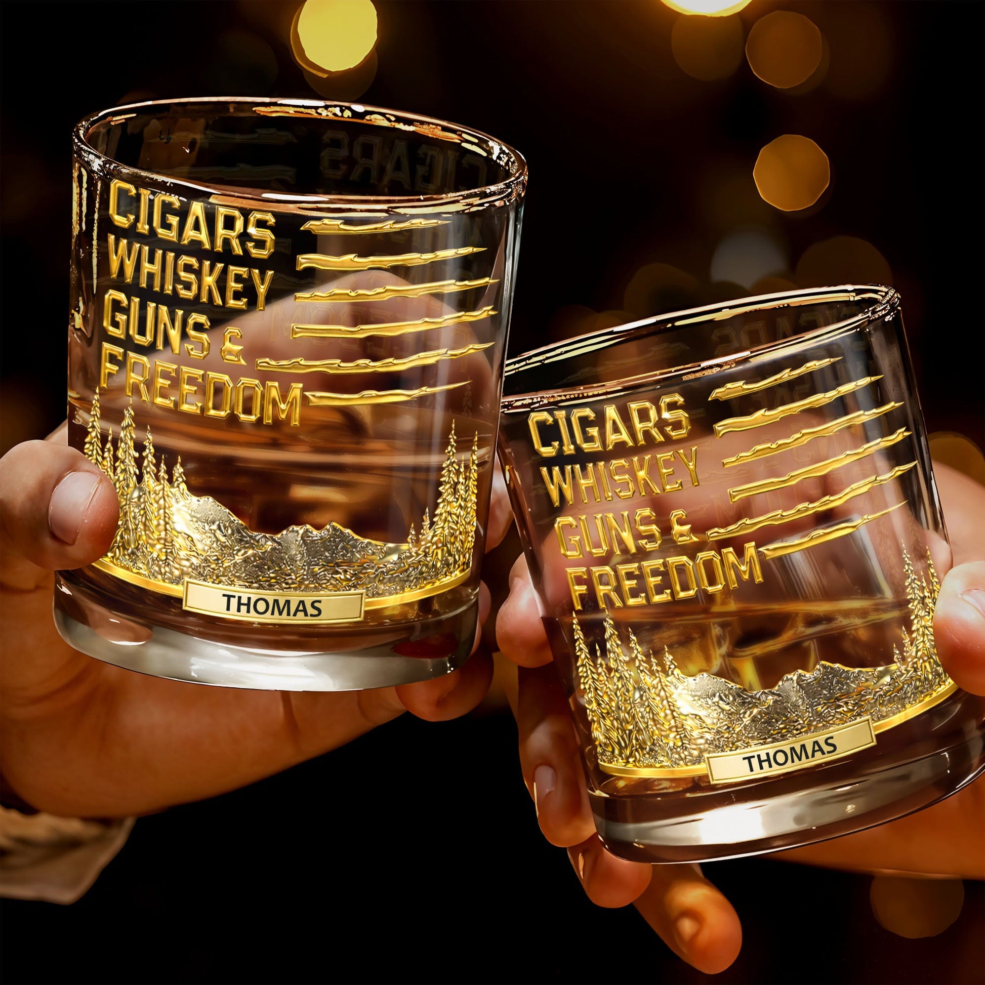 Cigars Whiskey Guns & Freedom Mountains And Pine Trees - Personalized Custom Whiskey Glass - INDE055_RWG