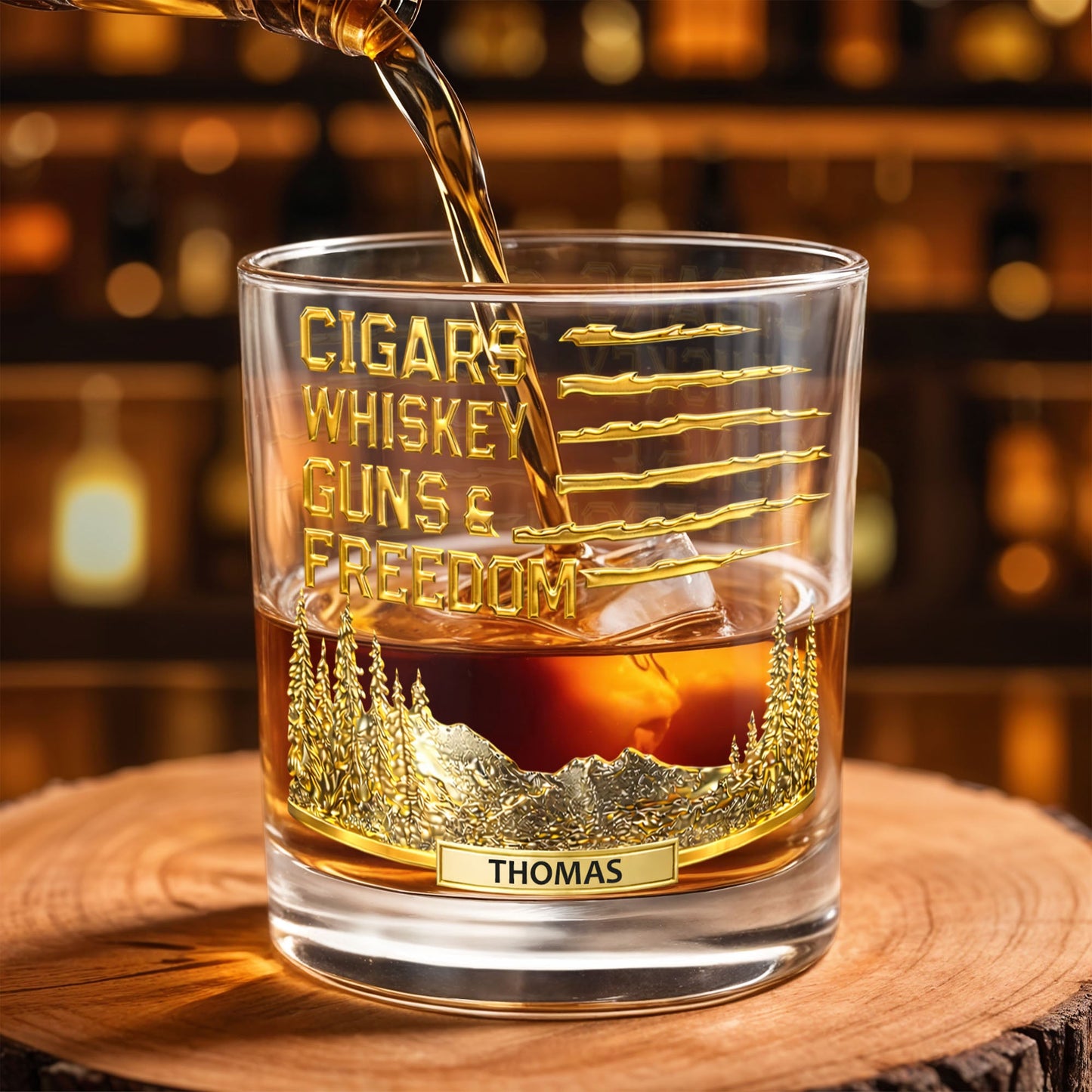 Cigars Whiskey Guns & Freedom Mountains And Pine Trees - Personalized Custom Whiskey Glass - INDE055_RWG