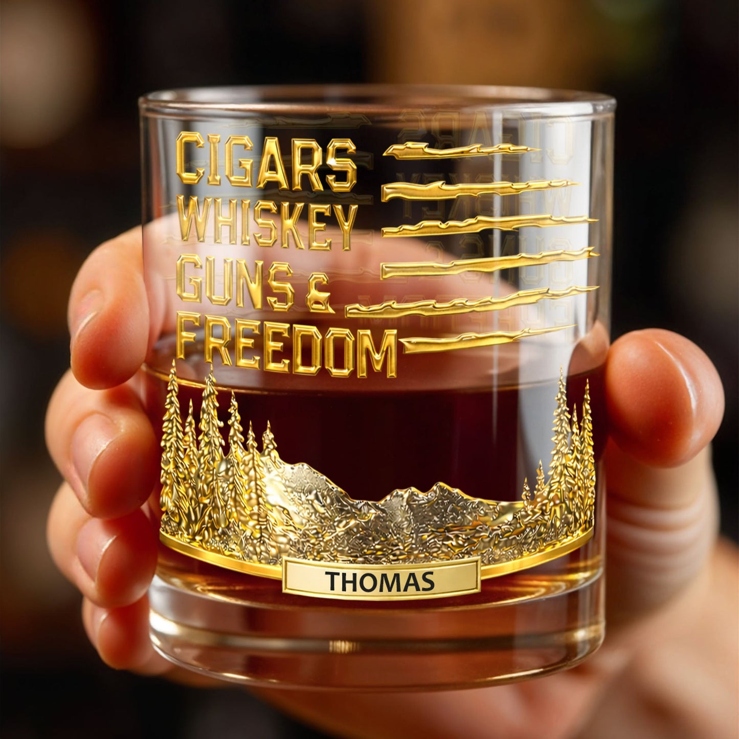 Cigars Whiskey Guns & Freedom Mountains And Pine Trees - Personalized Custom Whiskey Glass - INDE055_RWG