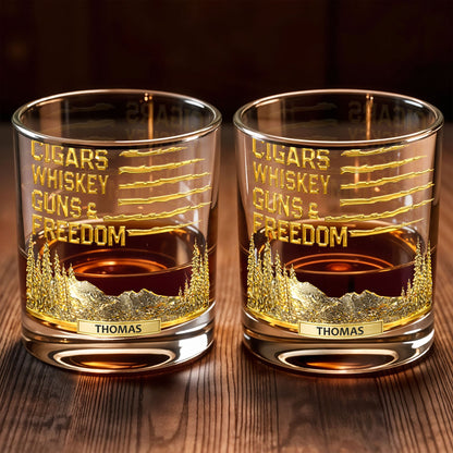 Cigars Whiskey Guns & Freedom Mountains And Pine Trees - Personalized Custom Whiskey Glass - INDE055_RWG