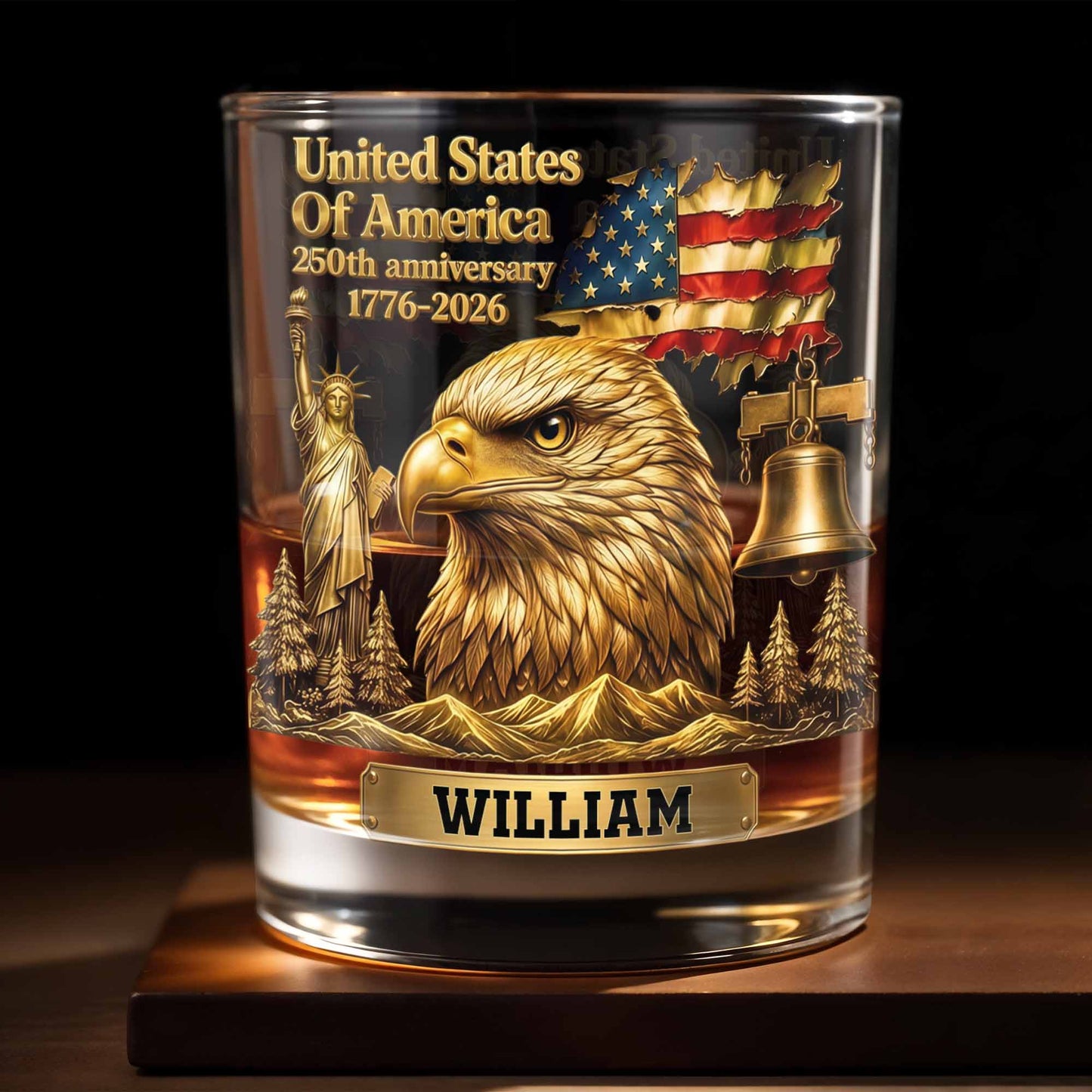 United States Of America 250th Anniversary Eagle And Flag - Personalized Custom Whiskey Glass - INDE129_RWG