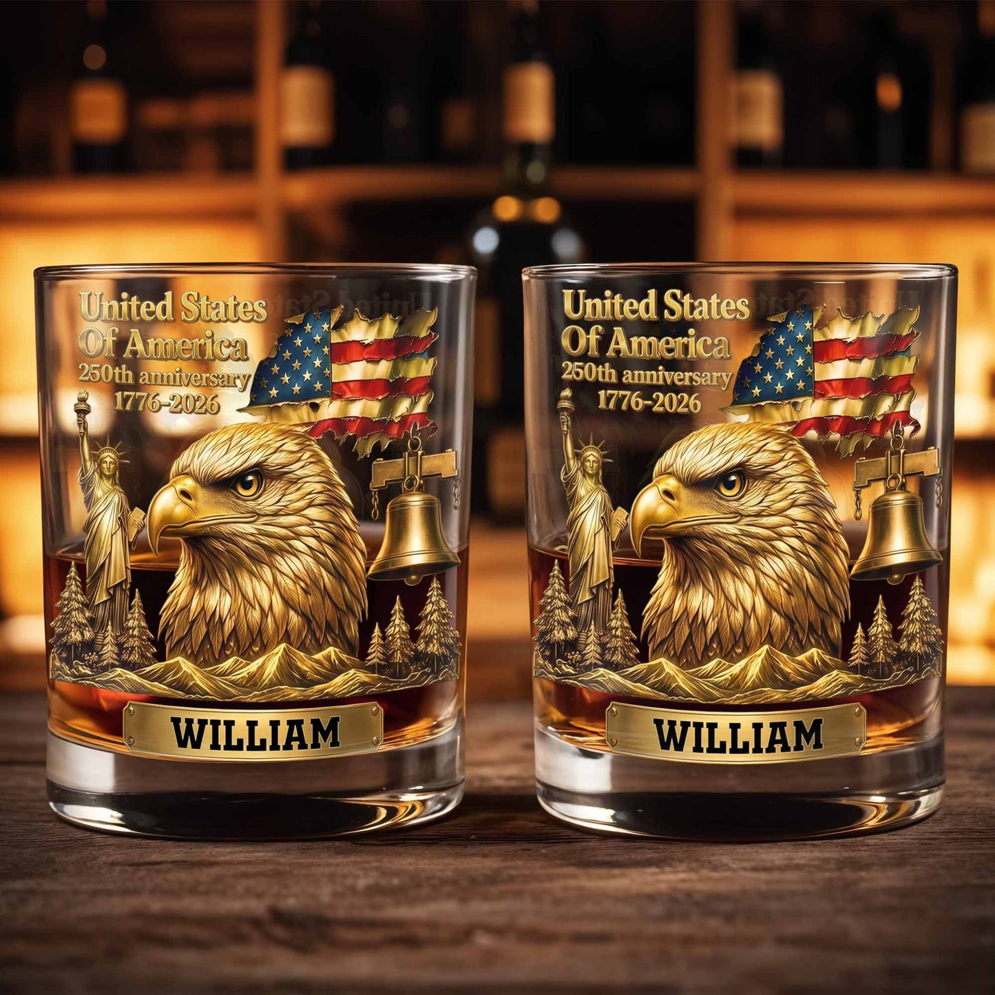 United States Of America 250th Anniversary Eagle And Flag - Personalized Custom Whiskey Glass - INDE129_RWG