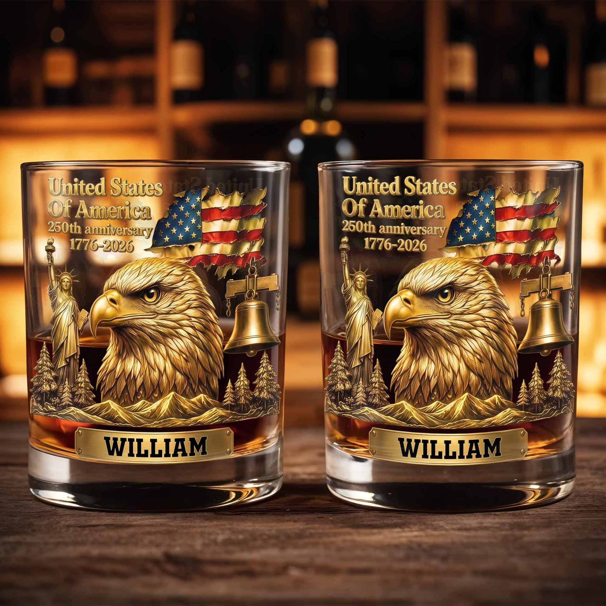 United States Of America 250th Anniversary Eagle And Flag - Personalized Custom Whiskey Glass - INDE129_RWG