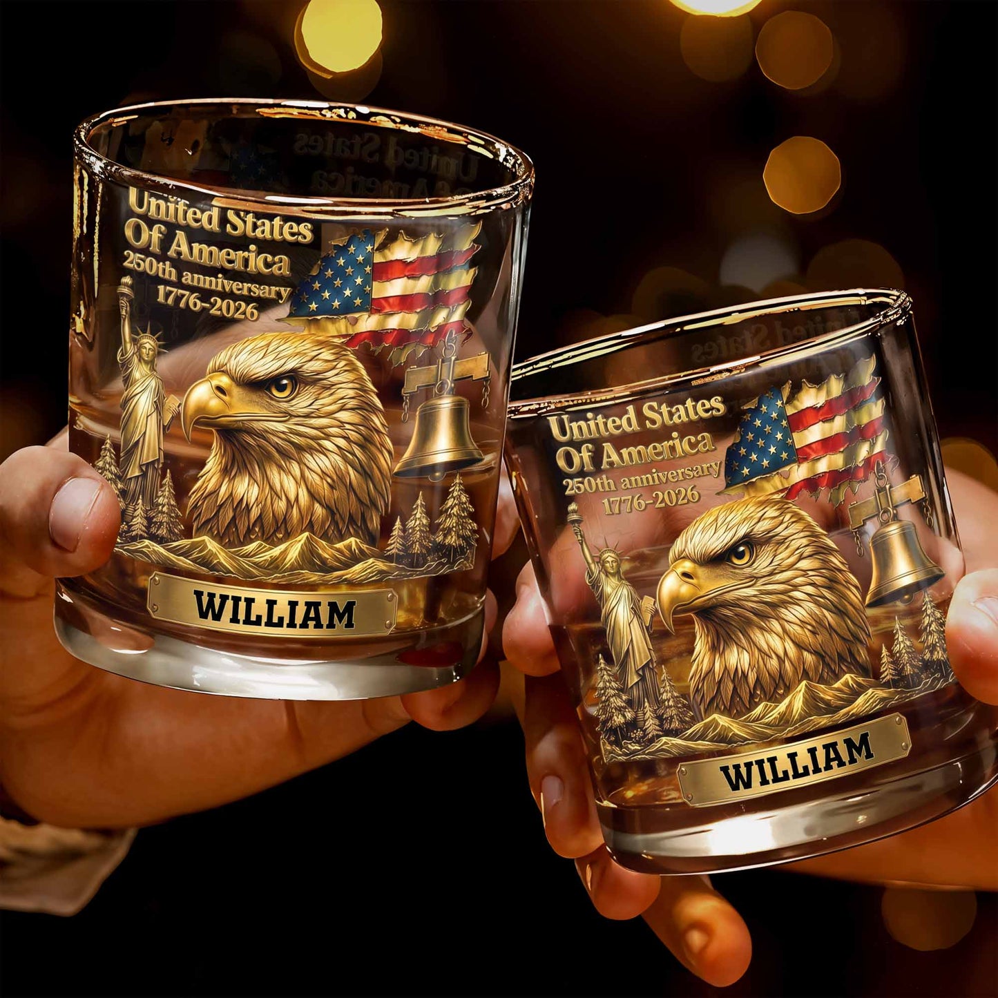 United States Of America 250th Anniversary Eagle And Flag - Personalized Custom Whiskey Glass - INDE129_RWG