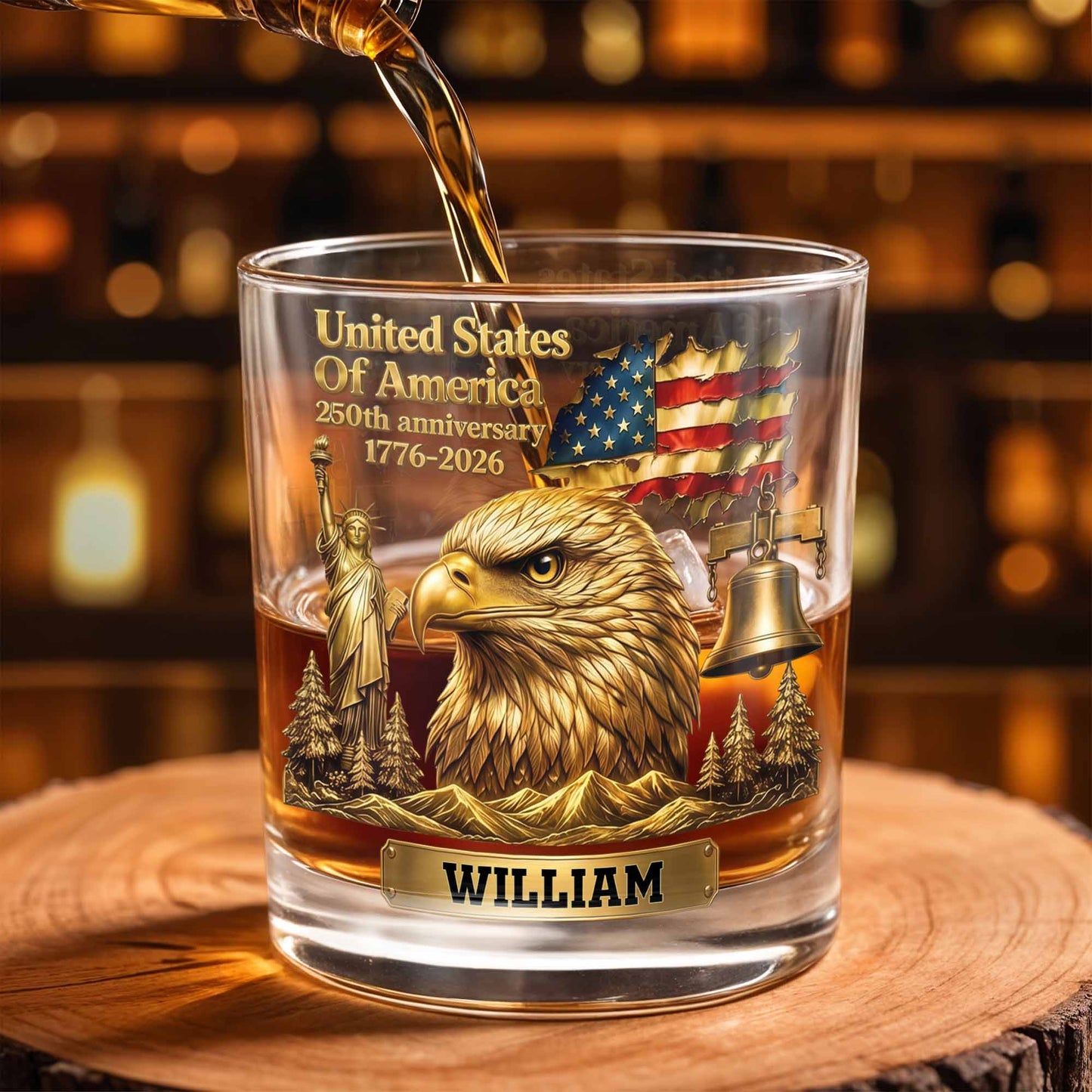 United States Of America 250th Anniversary Eagle And Flag - Personalized Custom Whiskey Glass - INDE129_RWG