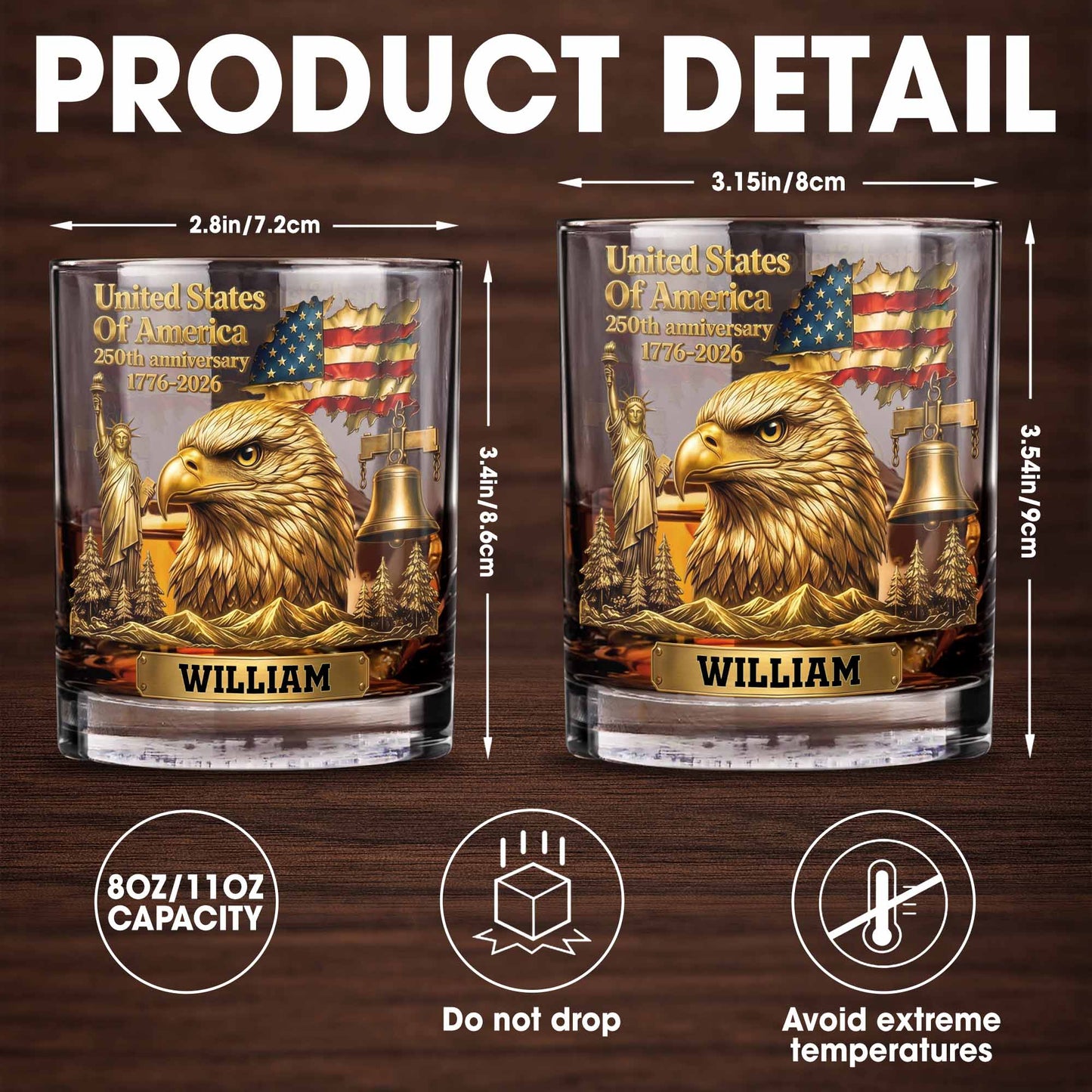 United States Of America 250th Anniversary Eagle And Flag - Personalized Custom Whiskey Glass - INDE129_RWG