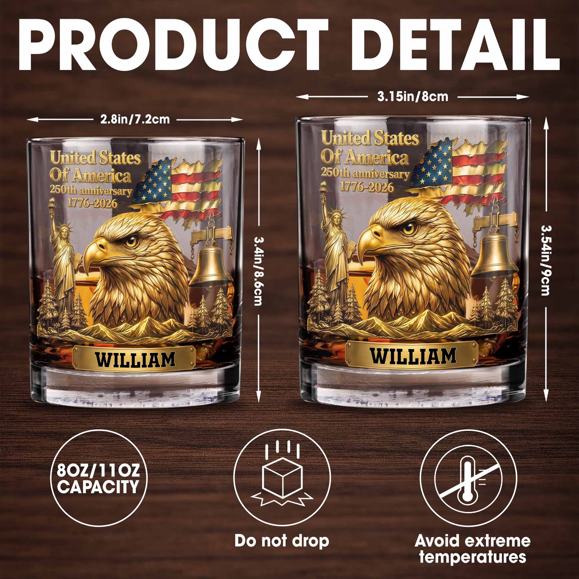 United States Of America 250th Anniversary Eagle And Flag - Personalized Custom Whiskey Glass - INDE129_RWG