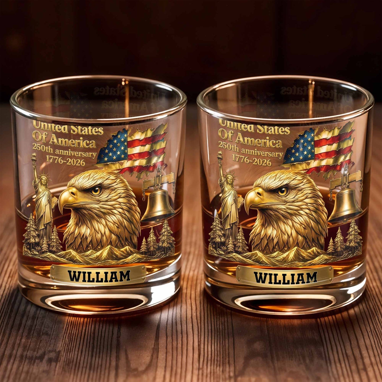 United States Of America 250th Anniversary Eagle And Flag - Personalized Custom Whiskey Glass - INDE129_RWG