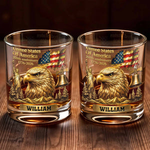 United States Of America 250th Anniversary Eagle And Flag - Personalized Custom Whiskey Glass - INDE129_RWG