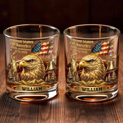 United States Of America 250th Anniversary Eagle And Flag - Personalized Custom Whiskey Glass - INDE129_RWG
