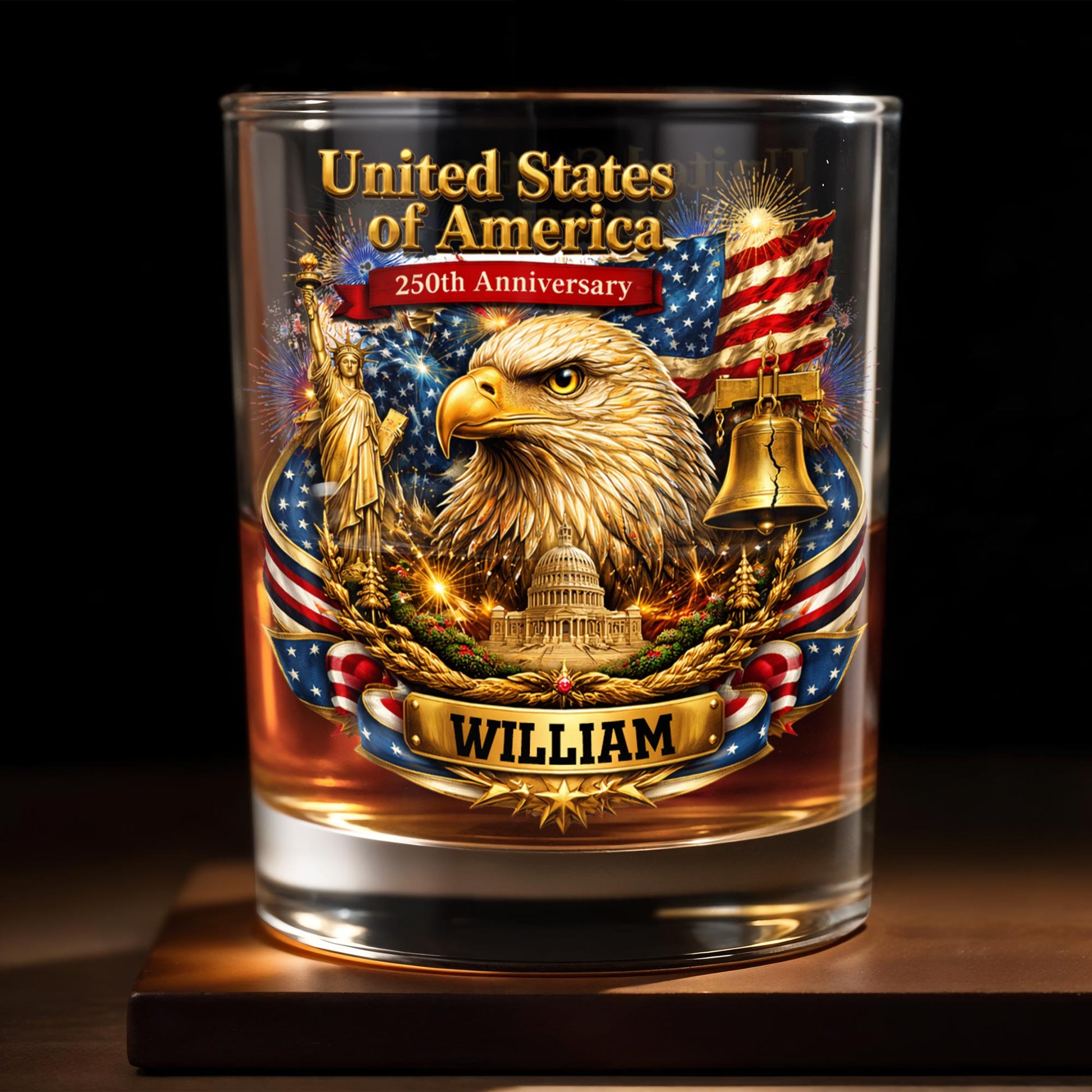 United States Of America Anniversary Eagle Flag And Liberty Bell - Personalized Custom Whiskey Glass - INDE188_RWG
