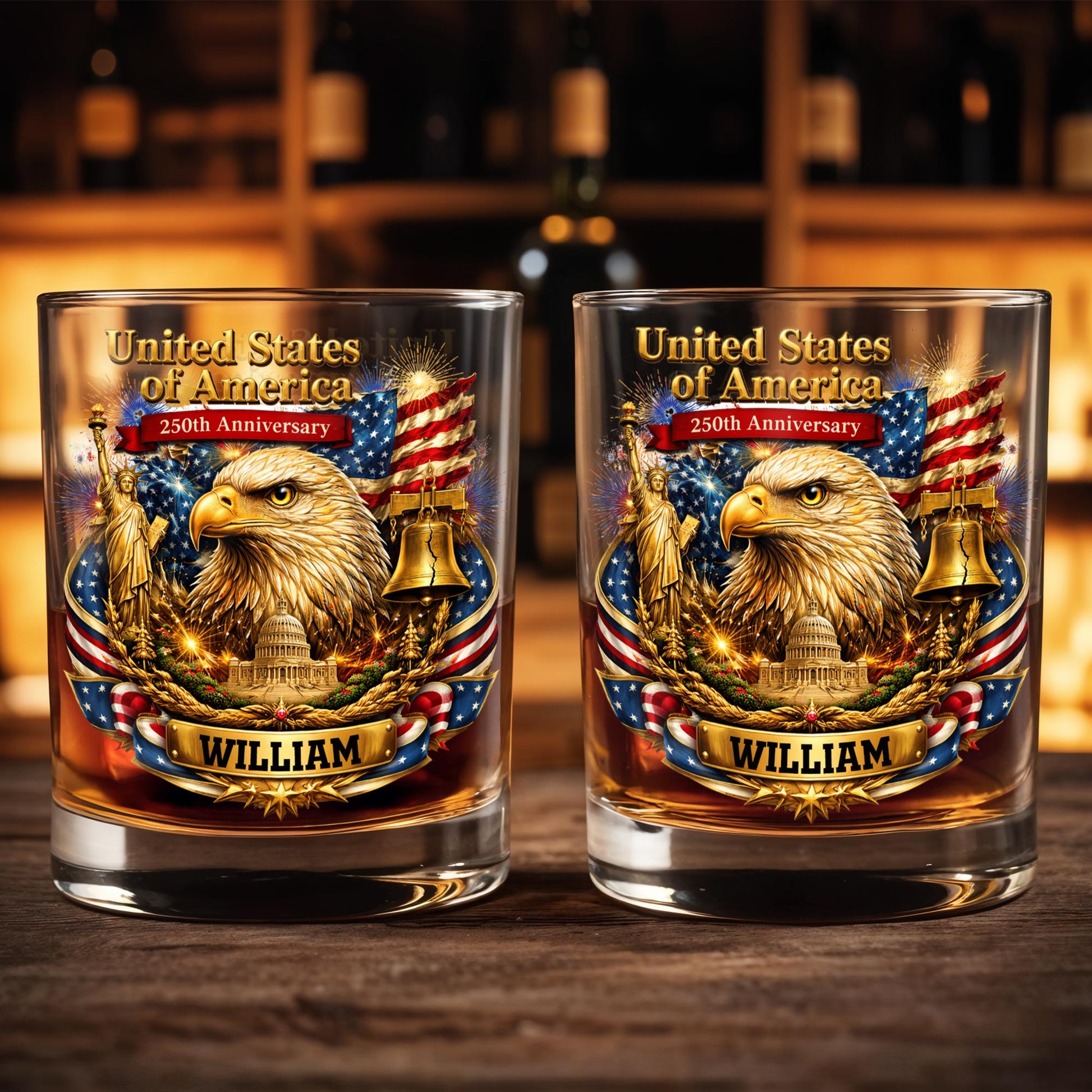 United States Of America Anniversary Eagle Flag And Liberty Bell - Personalized Custom Whiskey Glass - INDE188_RWG