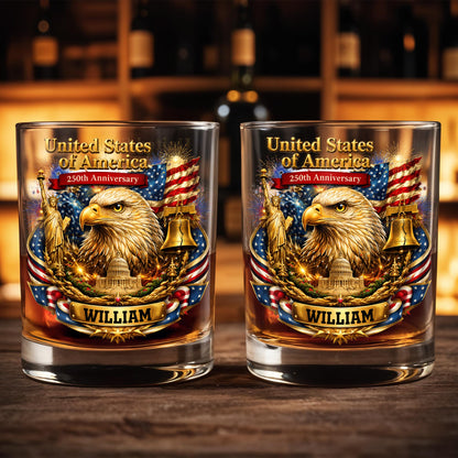 United States Of America Anniversary Eagle Flag And Liberty Bell - Personalized Custom Whiskey Glass - INDE188_RWG