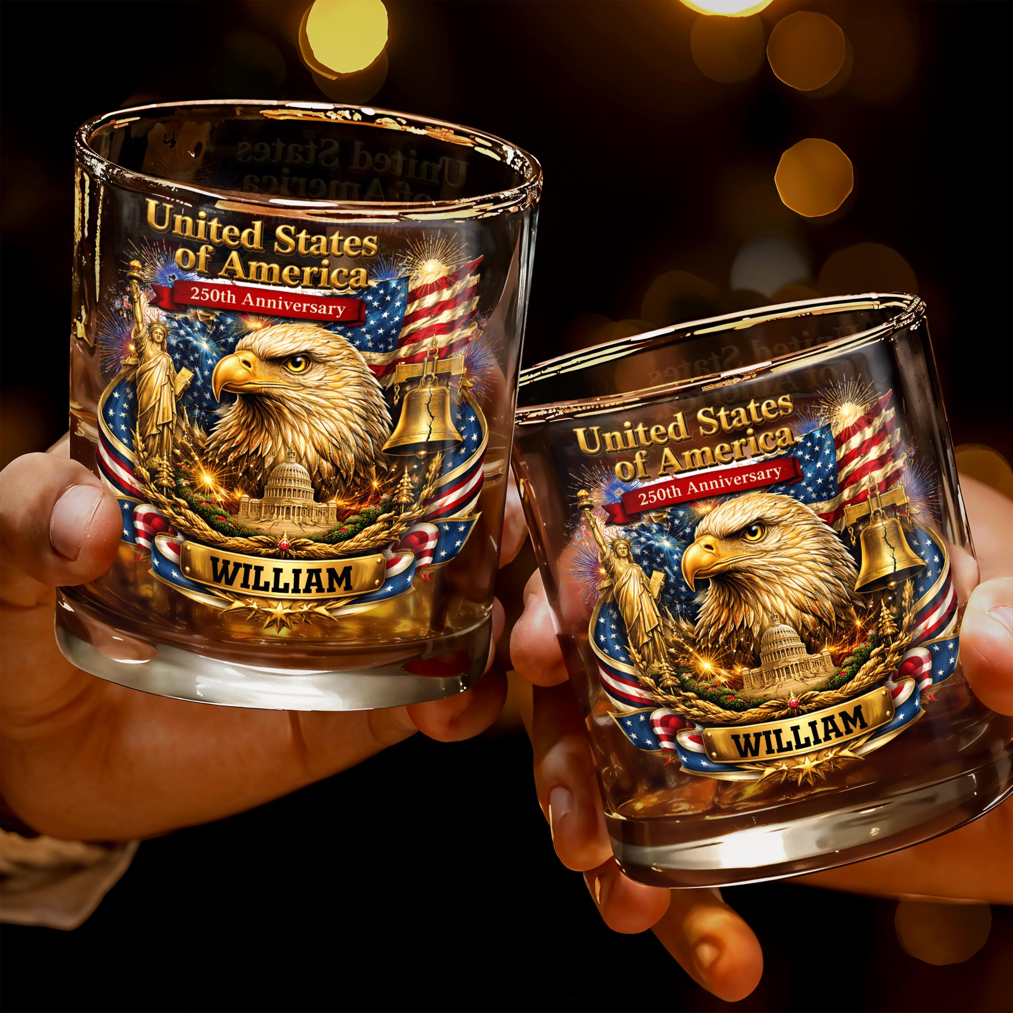 United States Of America Anniversary Eagle Flag And Liberty Bell - Personalized Custom Whiskey Glass - INDE188_RWG