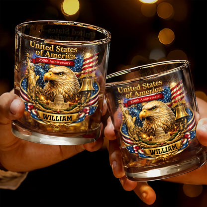United States Of America Anniversary Eagle Flag And Liberty Bell - Personalized Custom Whiskey Glass - INDE188_RWG