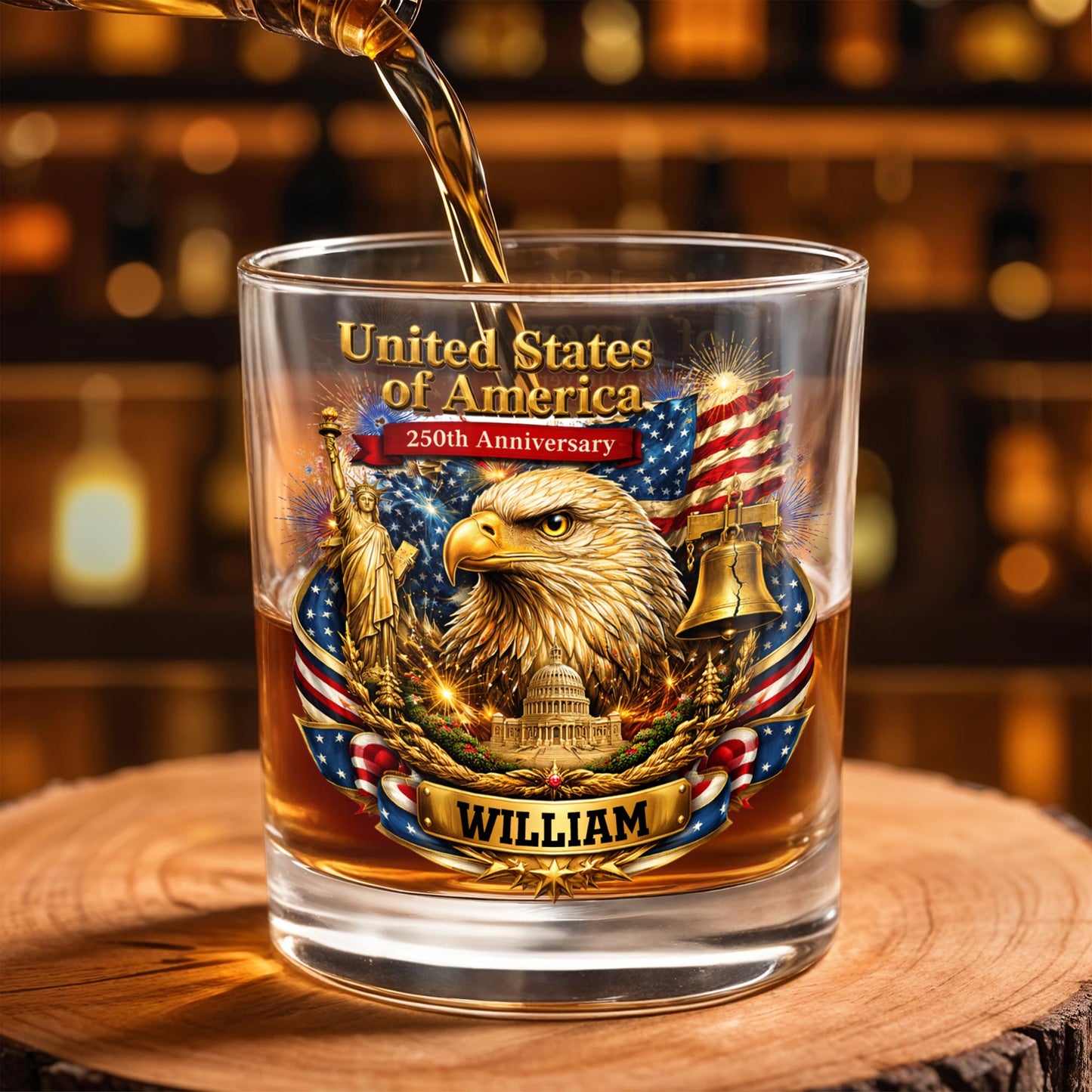 United States Of America Anniversary Eagle Flag And Liberty Bell - Personalized Custom Whiskey Glass - INDE188_RWG