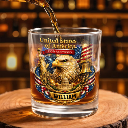 United States Of America Anniversary Eagle Flag And Liberty Bell - Personalized Custom Whiskey Glass - INDE188_RWG