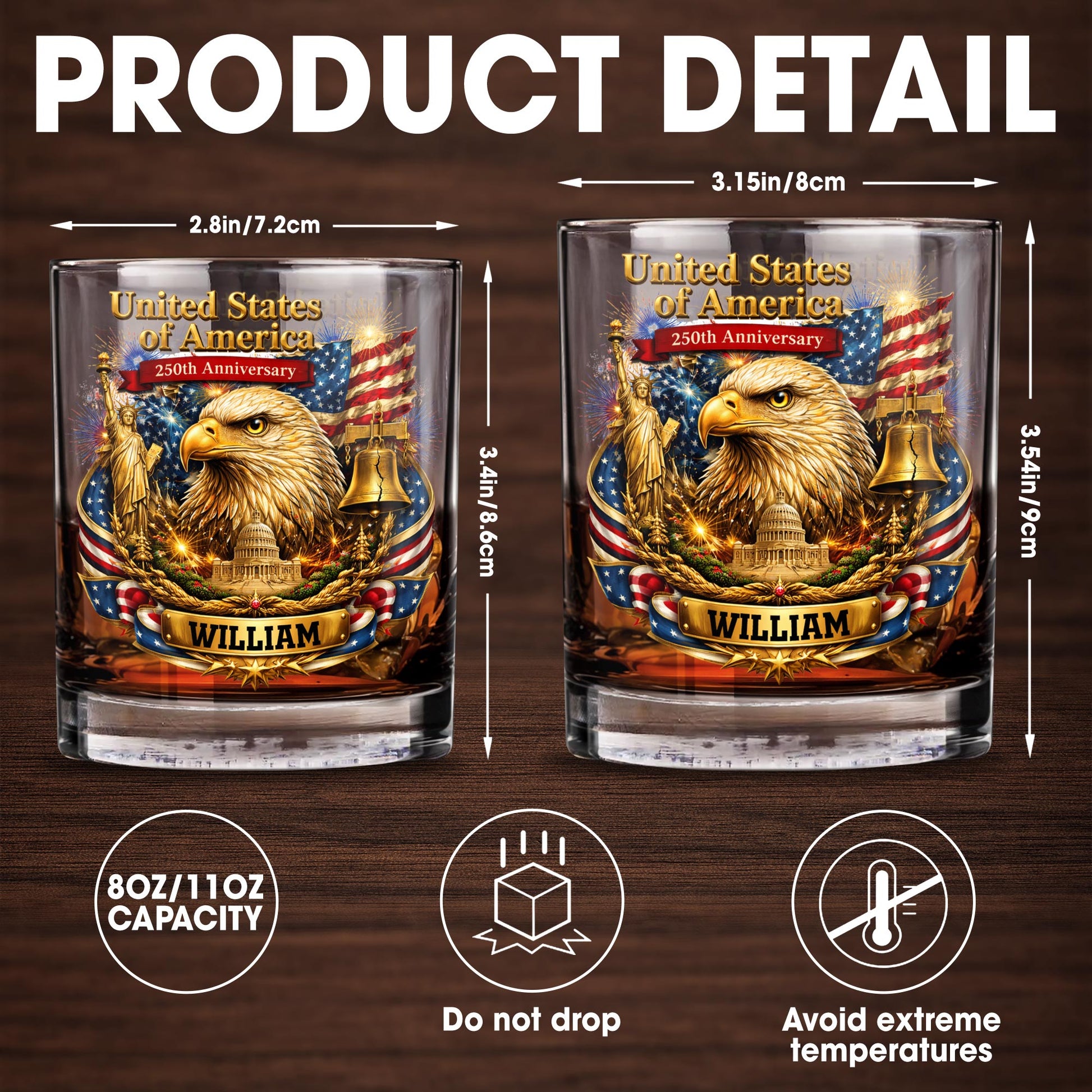 United States Of America Anniversary Eagle Flag And Liberty Bell - Personalized Custom Whiskey Glass - INDE188_RWG