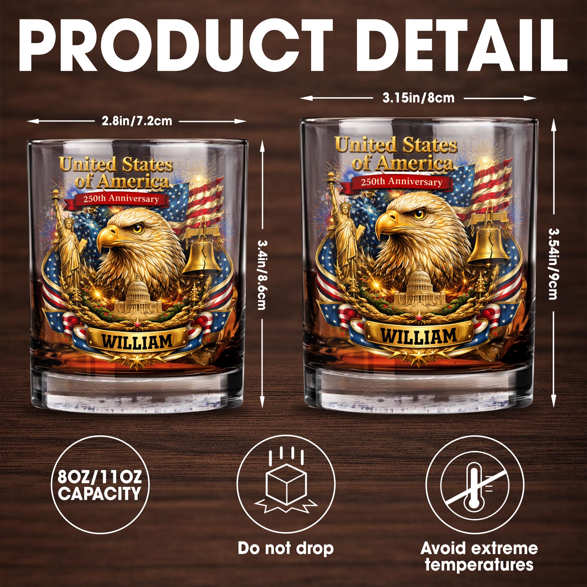 United States Of America Anniversary Eagle Flag And Liberty Bell - Personalized Custom Whiskey Glass - INDE188_RWG
