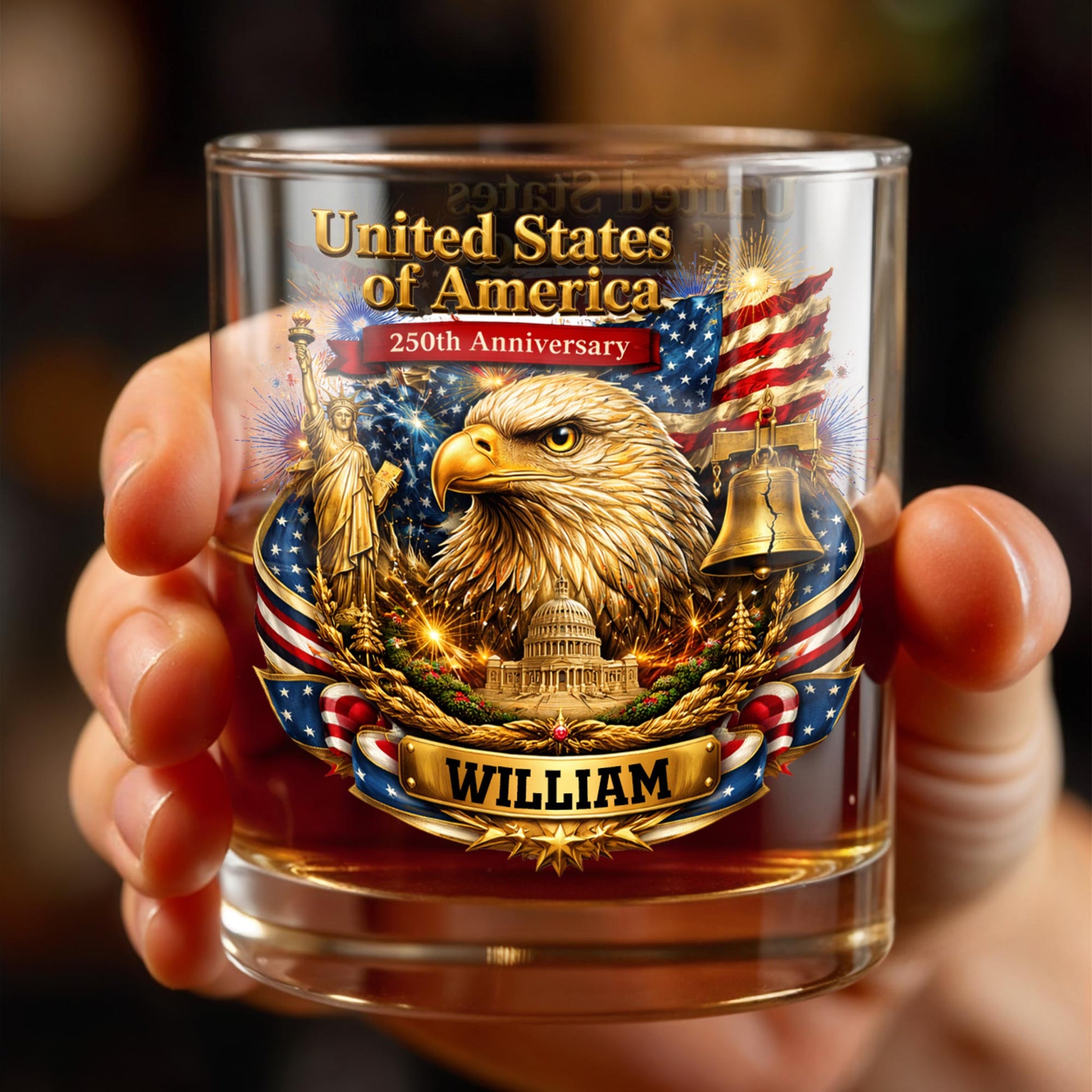 United States Of America Anniversary Eagle Flag And Liberty Bell - Personalized Custom Whiskey Glass - INDE188_RWG