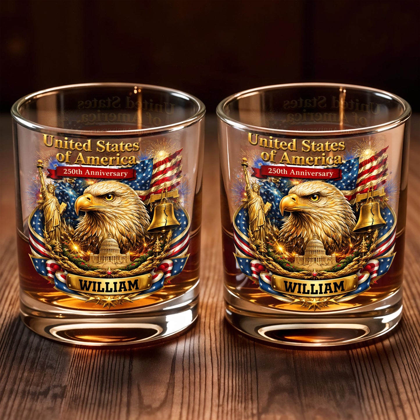 United States Of America Anniversary Eagle Flag And Liberty Bell - Personalized Custom Whiskey Glass - INDE188_RWG