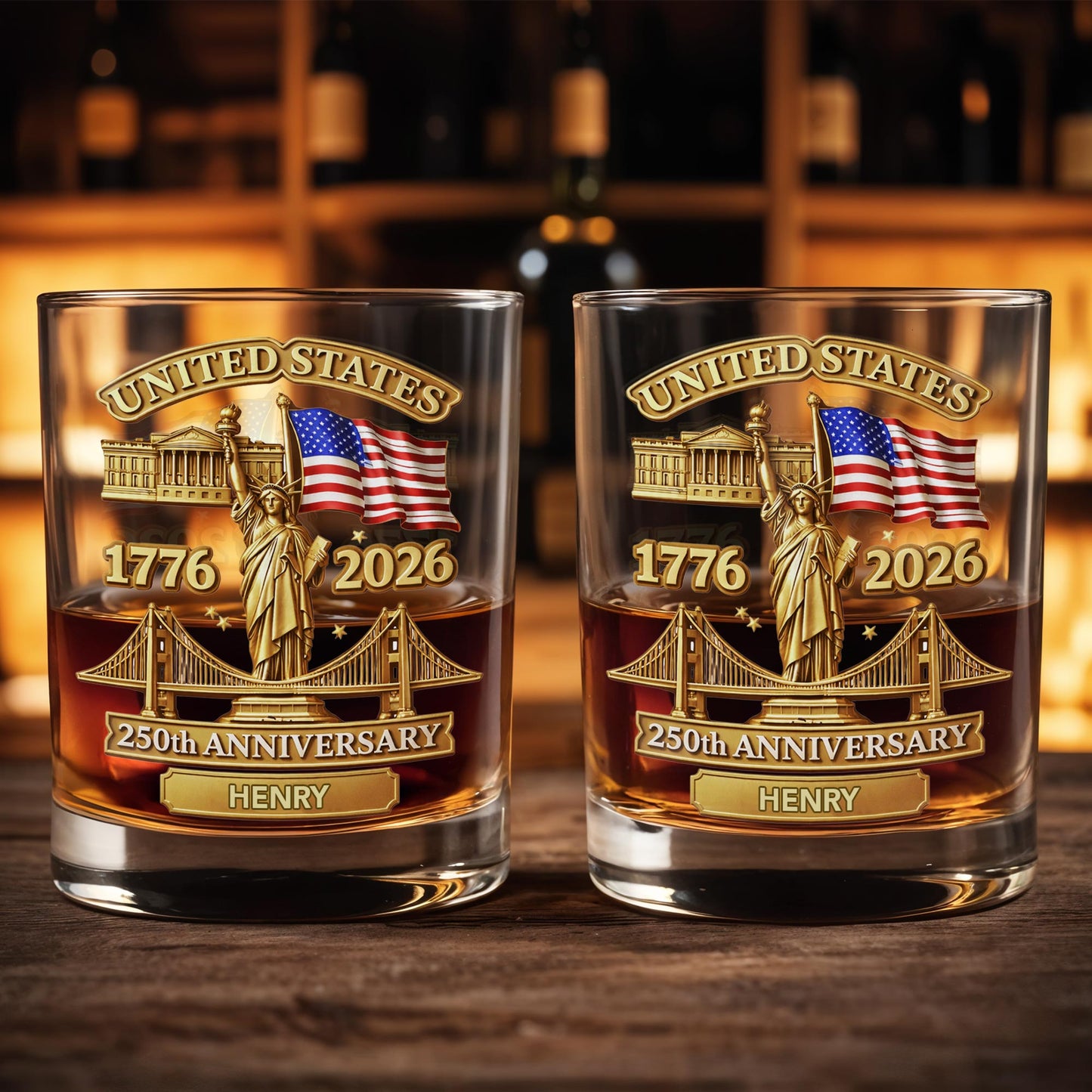 United States 250th Anniversary With Statue Of Liberty And American Flag - Personalized Custom Whiskey Glass - INDE214_RWG