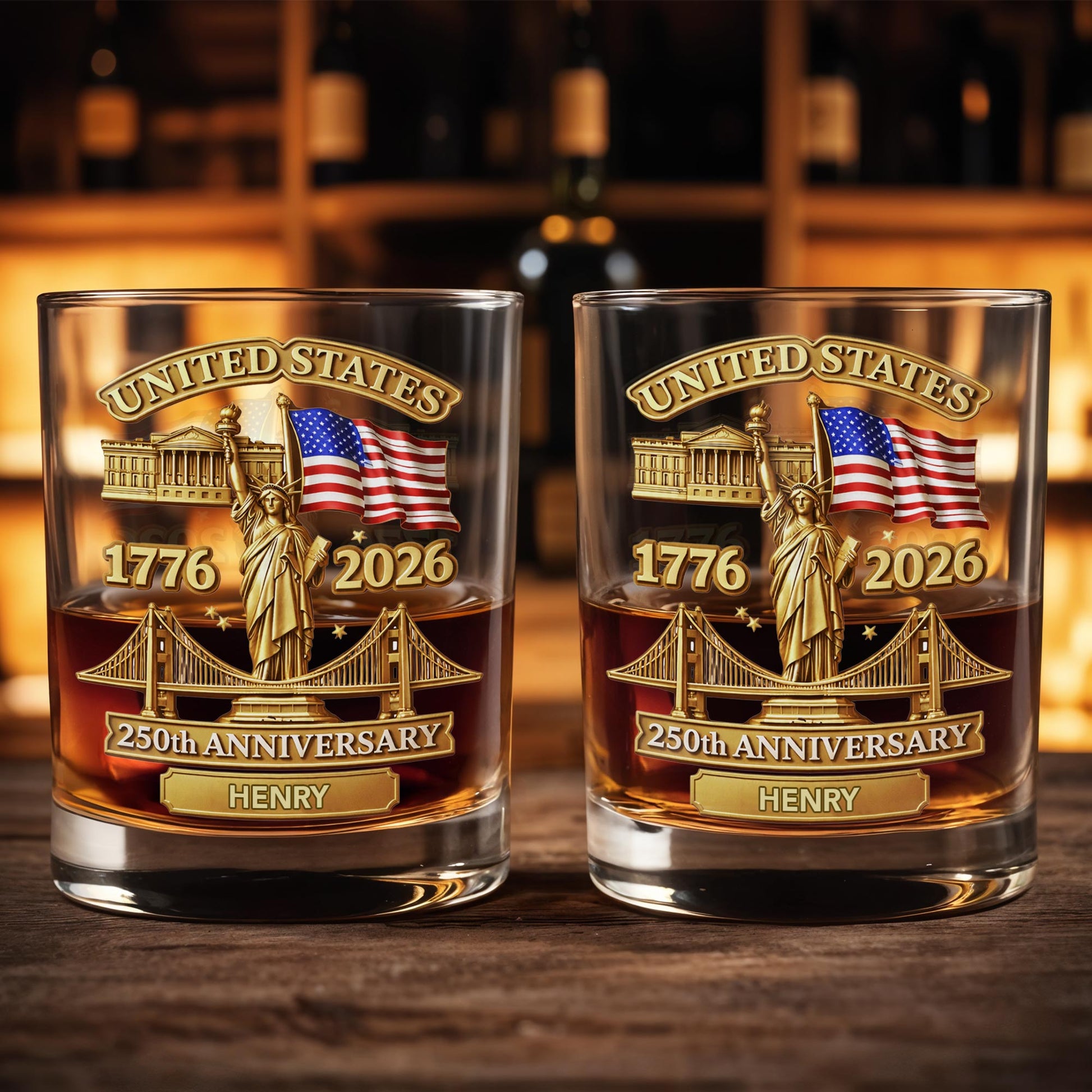 United States 250th Anniversary With Statue Of Liberty And American Flag - Personalized Custom Whiskey Glass - INDE214_RWG