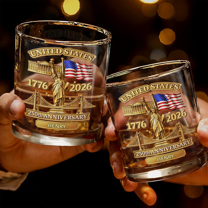 United States 250th Anniversary With Statue Of Liberty And American Flag - Personalized Custom Whiskey Glass - INDE214_RWG
