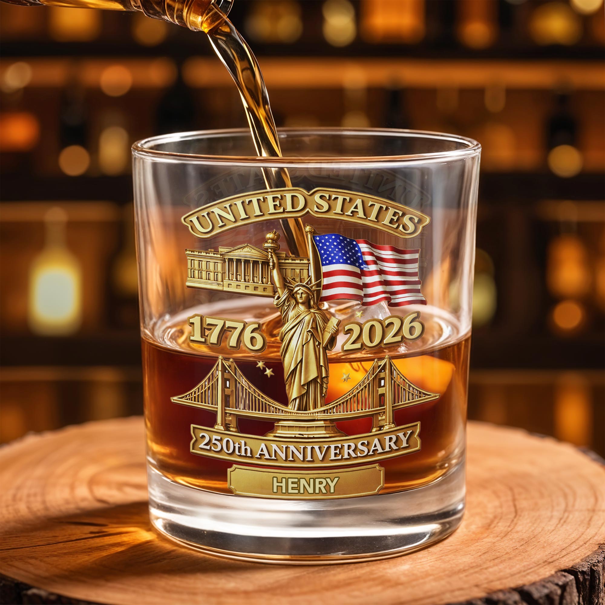 United States 250th Anniversary With Statue Of Liberty And American Flag - Personalized Custom Whiskey Glass - INDE214_RWG