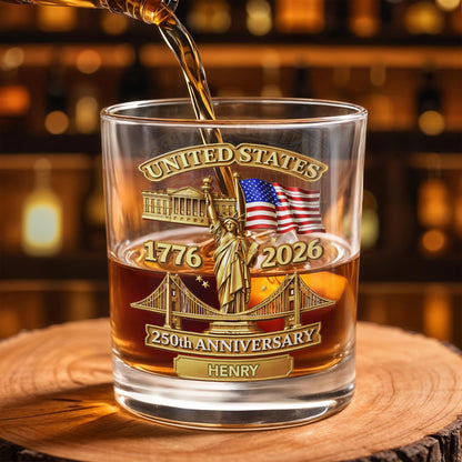 United States 250th Anniversary With Statue Of Liberty And American Flag - Personalized Custom Whiskey Glass - INDE214_RWG