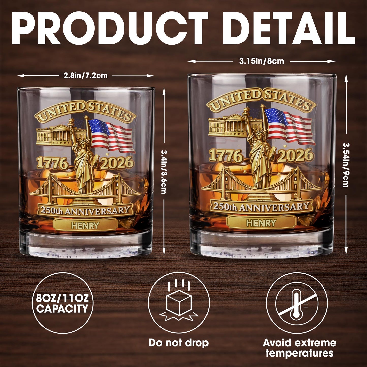 United States 250th Anniversary With Statue Of Liberty And American Flag - Personalized Custom Whiskey Glass - INDE214_RWG