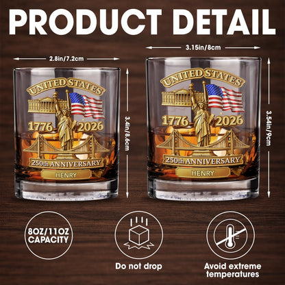 United States 250th Anniversary With Statue Of Liberty And American Flag - Personalized Custom Whiskey Glass - INDE214_RWG