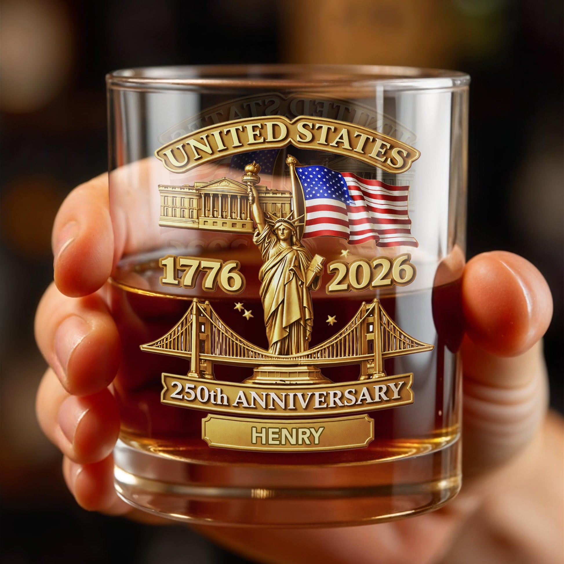 United States 250th Anniversary With Statue Of Liberty And American Flag - Personalized Custom Whiskey Glass - INDE214_RWG