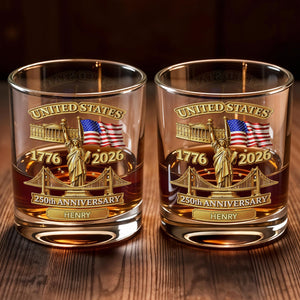 United States 250th Anniversary With Statue Of Liberty And American Flag - Personalized Custom Whiskey Glass - INDE214_RWG