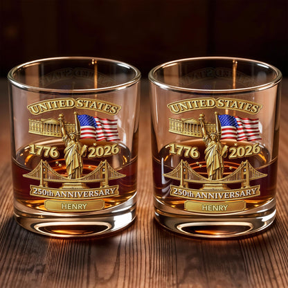 United States 250th Anniversary With Statue Of Liberty And American Flag - Personalized Custom Whiskey Glass - INDE214_RWG