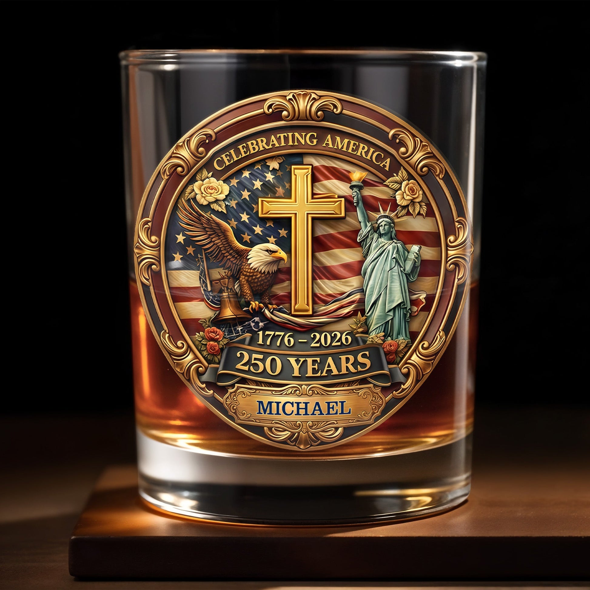 Celebrating America With Eagle Cross And Statue of Liberty Patriotic Design - Personalized Custom Whiskey Glass - INDE216_RWG