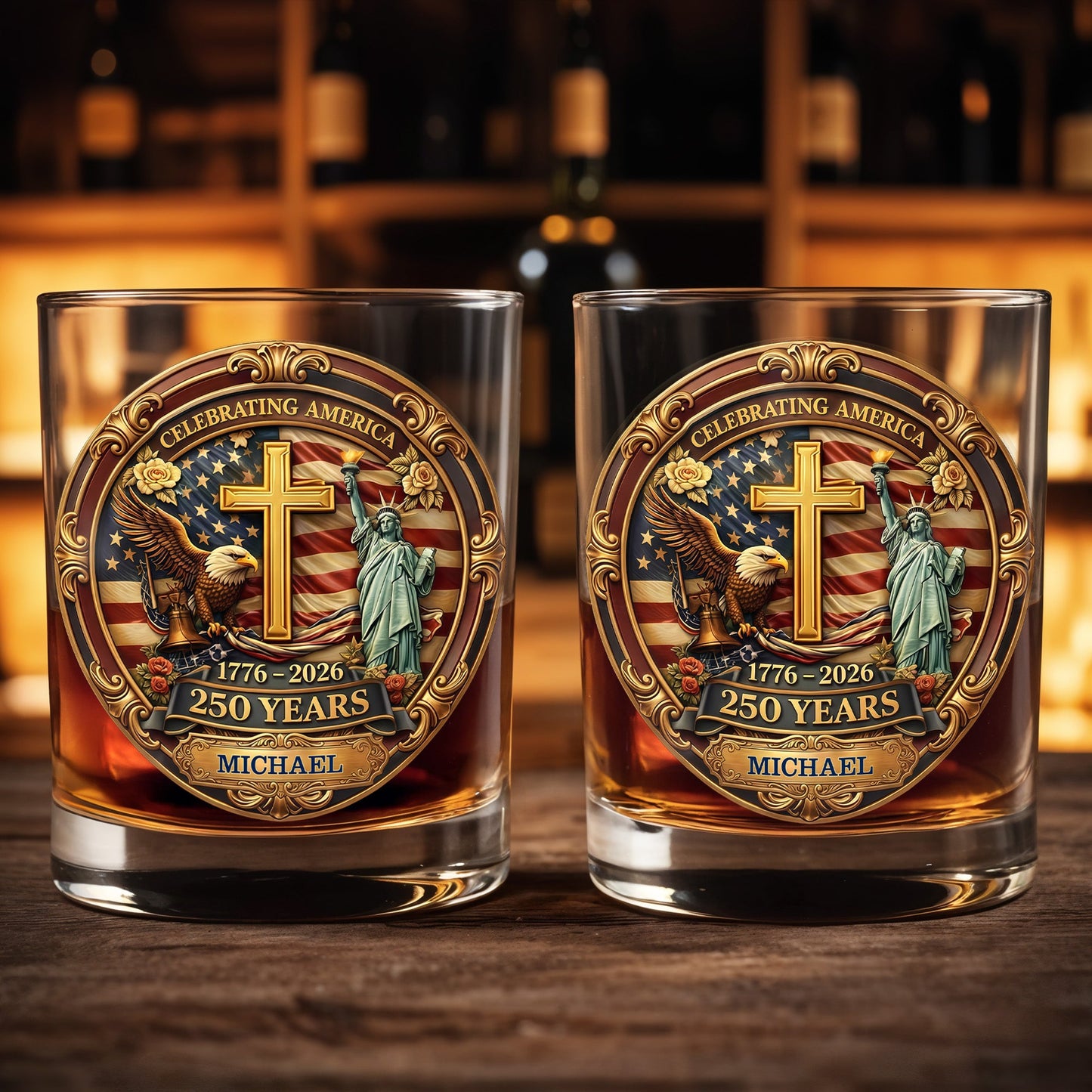 Celebrating America With Eagle Cross And Statue of Liberty Patriotic Design - Personalized Custom Whiskey Glass - INDE216_RWG